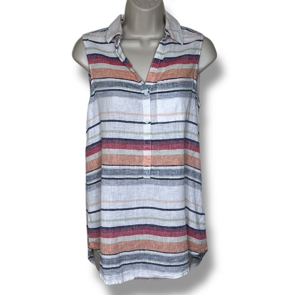 Beachlunchlounge Linen Cotton Sleeveless Stripe Button Popover Shirt Women Small